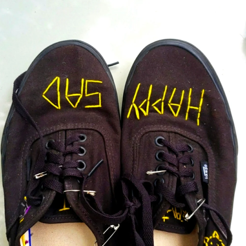 Mens VANS Stitch Sewn Customized Black Happy Sad  ~ Day Night Left Right sz 11.5